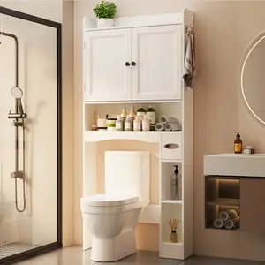 Gizoon Over The Toilet Storage Cabinet 32.3" W Over Toilet Bathroom Organizer with Doors Adjustable Shelves Toilet Paper Holder 2 Side Hooks Space-Saver for Bathroom Laundry White