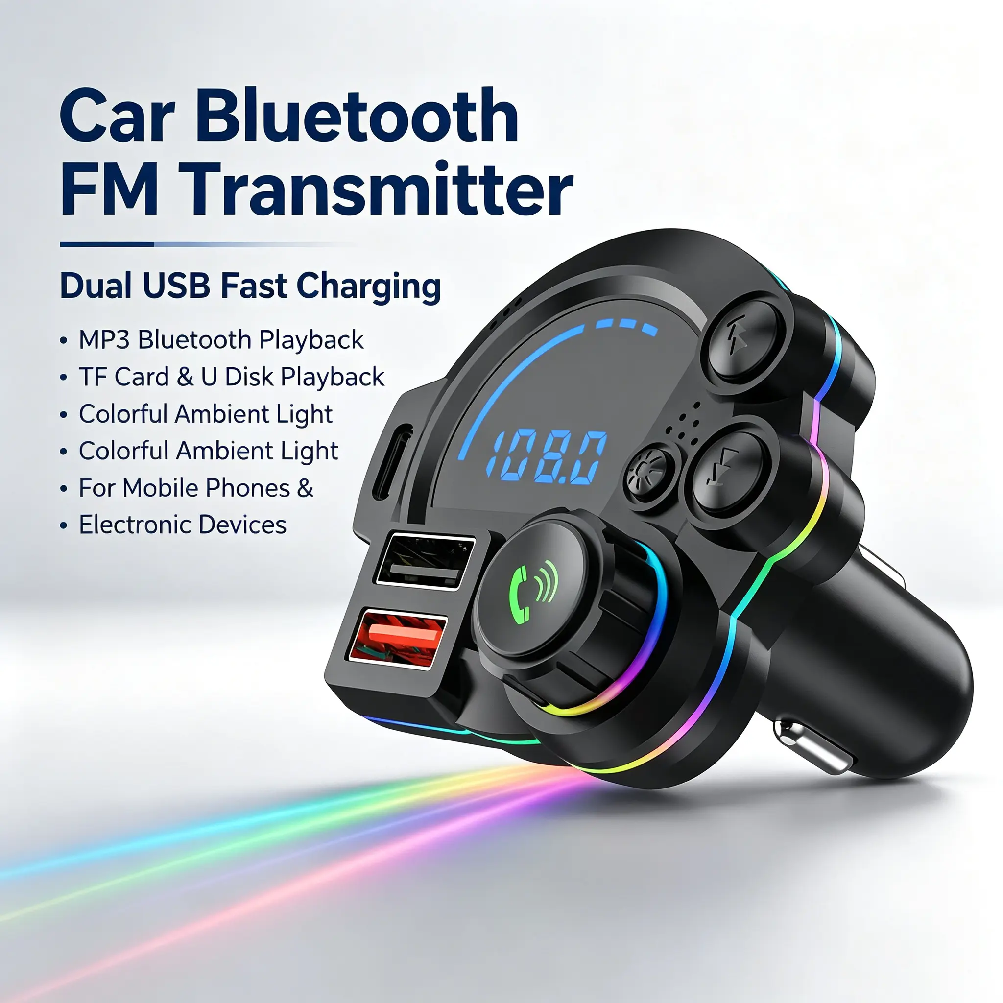 PD 30W Type-C  Charger & Bluetooth 5.3 FMTransmitter, Wireless MP3 Player with Dual USBPorts, Bass Sound Enhancer, RGB Glowing RadioAdapter, Hands-Free Calls,  Accessories &Road Trip Essentials, Compatible with 12V-24V usb fast colorful light port