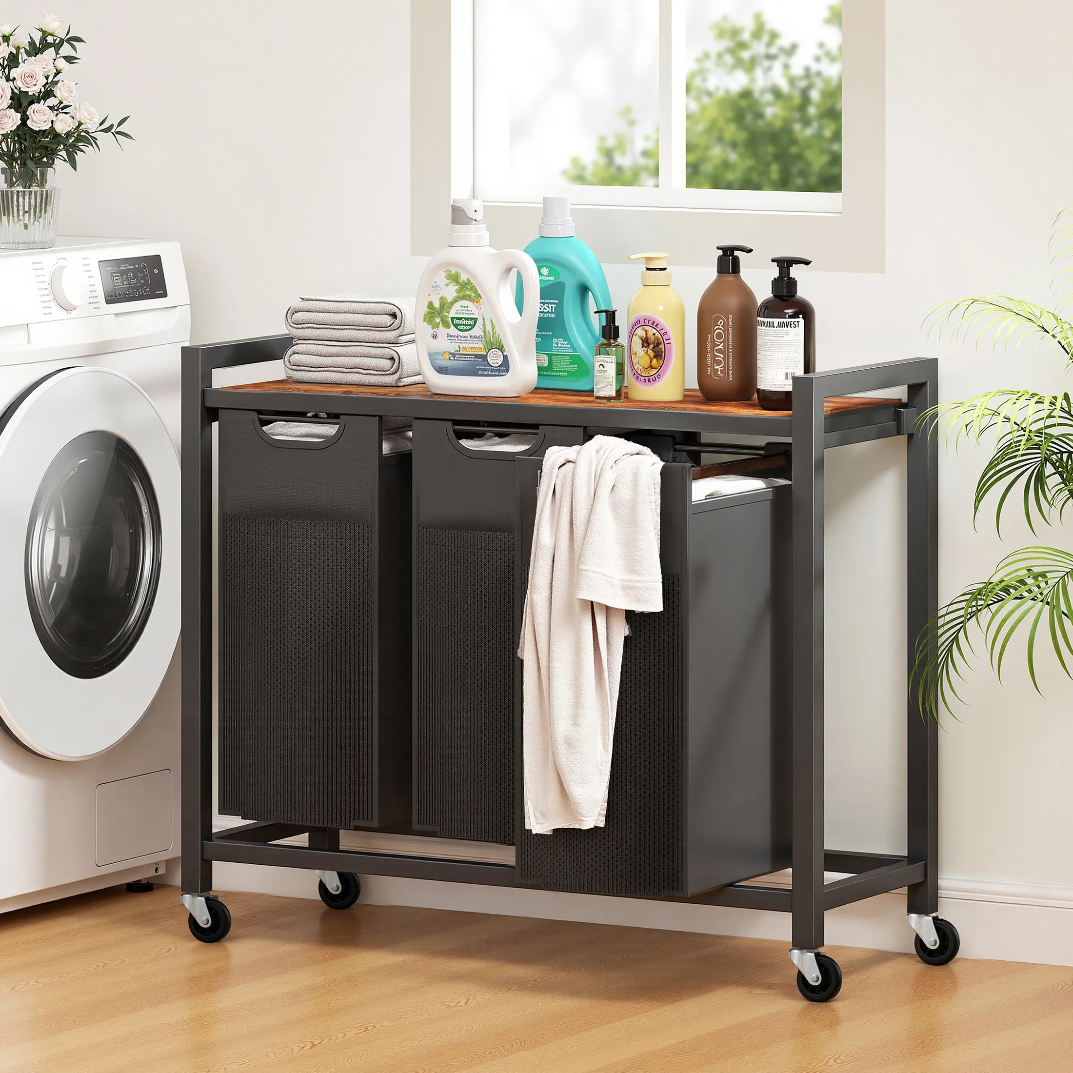 Sweetcrispy Rolling Laundry Hamper with Removable Bag, Freestanding Clothes Basket Organizer with Wheels for Bedroom and Bathroom