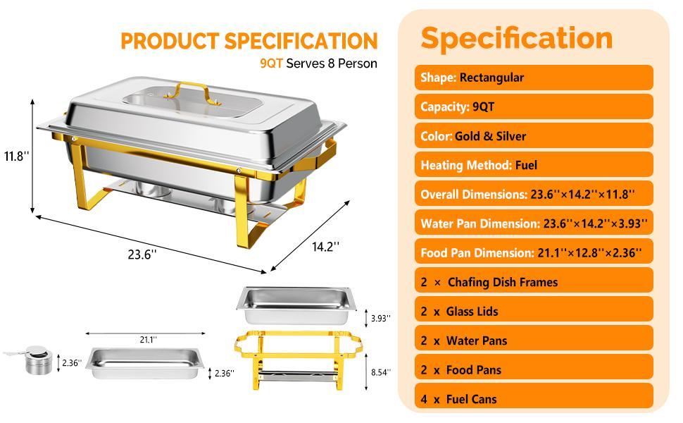 ROVSUN Chafing Dishes for Buffet 2/4/6/8 Pack, 9QT Chafing Dish Buffet Set with Glass Lid, Stainless Steel Buffet Servers and Warmers with Folding Frame for Party Wedding Catering Event, Gold & Silver SpringStatements