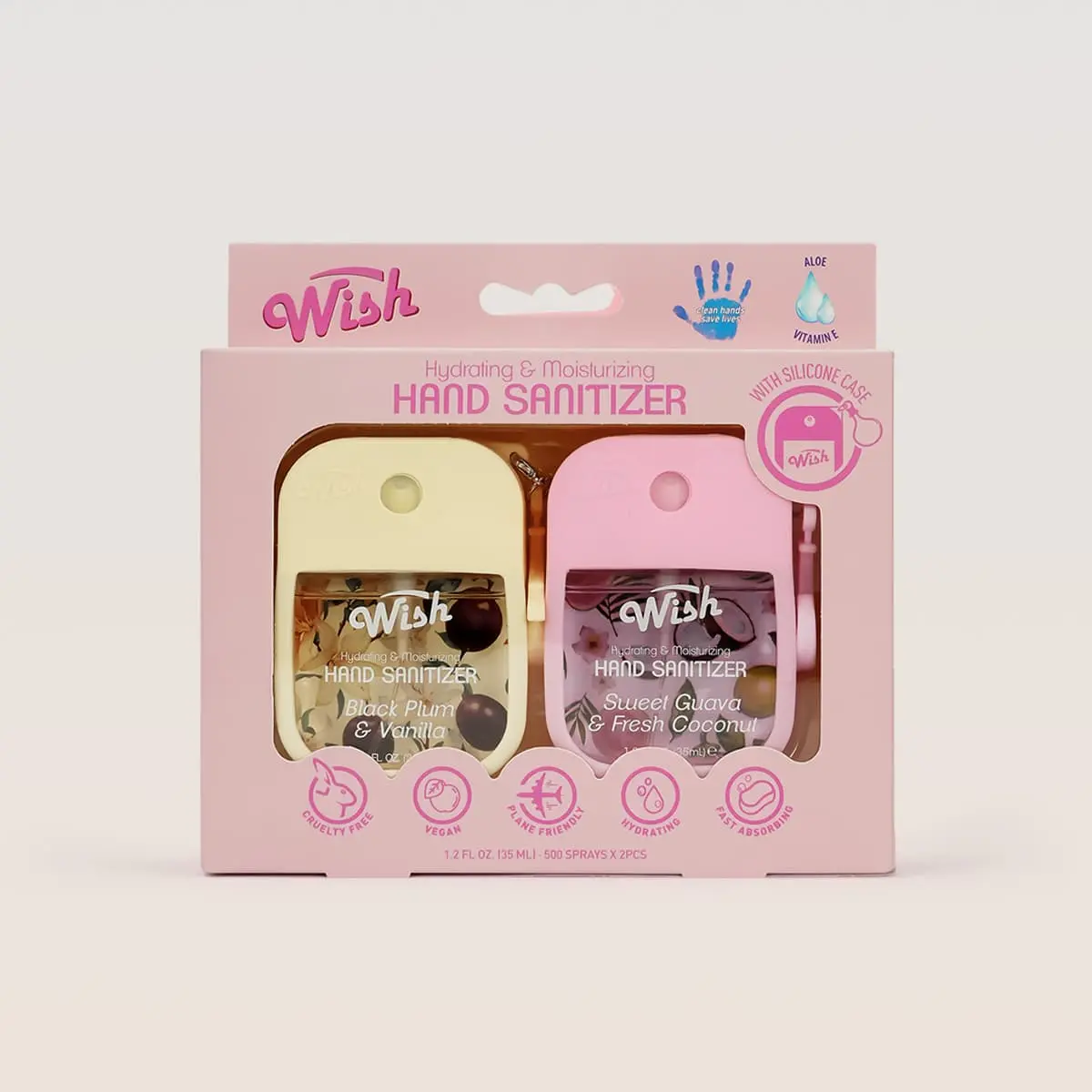 Wish Scented Moisturizing Hand Sanitizer Keychain Gift Set - 1.2 oz Multi-Pack with Silicone Case, Keychain Clip, Hydrating Aloe & Vitamin E Spray, Assorted Caramel, Fresh Coconut, Vanilla & Floral Scents, Beachside Serenity Mini Travel Products, Bestie P