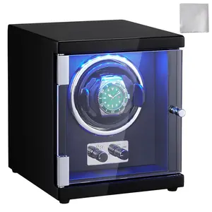 VEVOR Watch Winder,  , Single Watch Winder for Men's and Women's Automatic Watch, with Super Quiet Japanese Mabuchi Motor, Blue LED Light and Adapter, High-Density Board Shell and Black PU