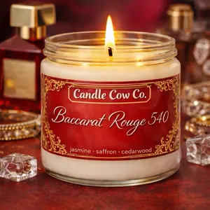Candle Cow Co. Baccarat Rouge 540 Candle - Luxurious Saffron & Cedarwood Scent, Long-Lasting Burn, Elegant Glass Vessel, Perfect for Gifting