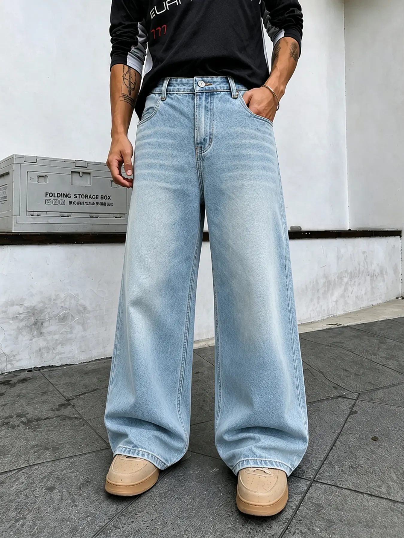 Men’s Light Washed Look Cotton Blend Baggy Jeans - Full-Length Wide Leg, Clean Denim Finish, Roomy Regular Fit for Campus Streetwear Outfits