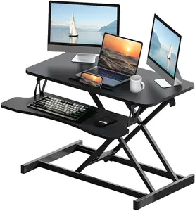 Standing Desk Converter 32 Inch, Height Adjustable Sit-Stand Workstation, Dual Monitor Riser with Wide Keyboard Tray - Office & Home Use, Black (Black)