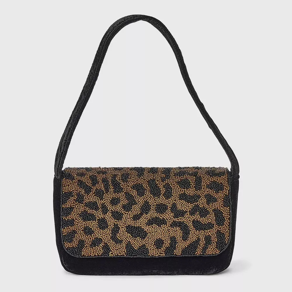 Embellished Leopard Print Flap Shoulder Bag - A New Day Black/Brown