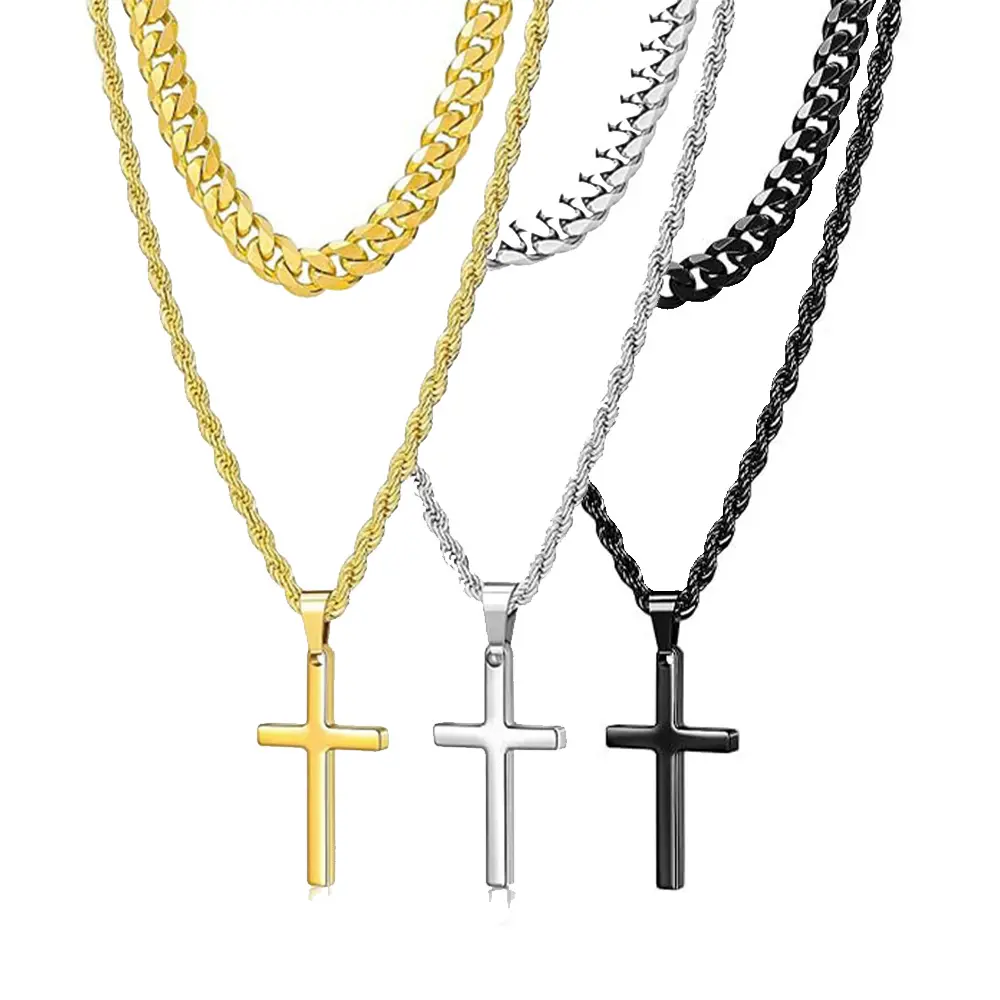 4pcs Unisex 304L Stainless Steel Cross Pendant Necklace Stackable Cuban Twist Chain Fashion Layered Necklaces, Silver Gold Black Chunky Chain Party, Proms, Music Festivals, And Holiday Wear Accessories