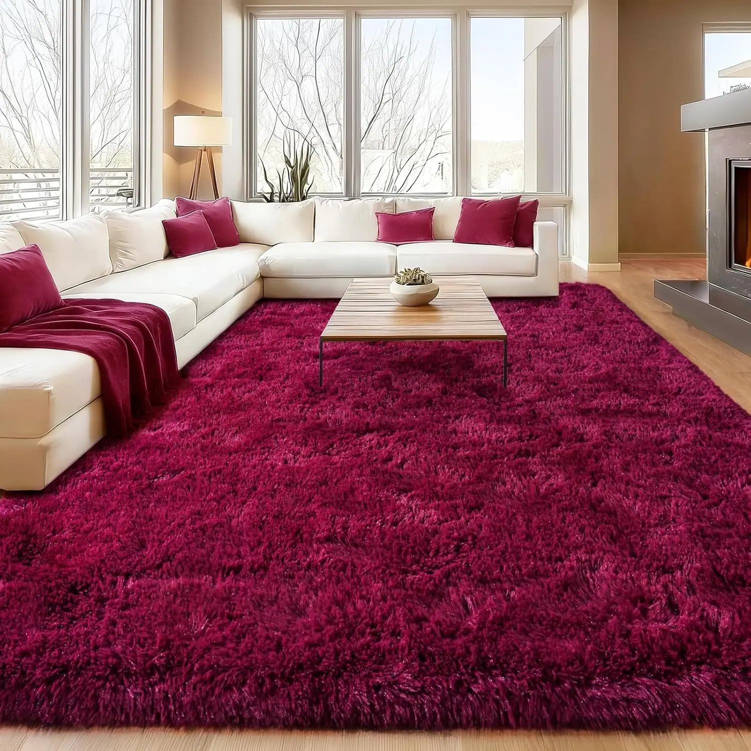 Burgundy Plush Rug for Living Room Fuzzy Carpet for Bedroom Dorm, Non-Slip High Pile Rug, Shag Rug for Playroom Nursery Home Office Decor 9X12 Ft #Summervibes