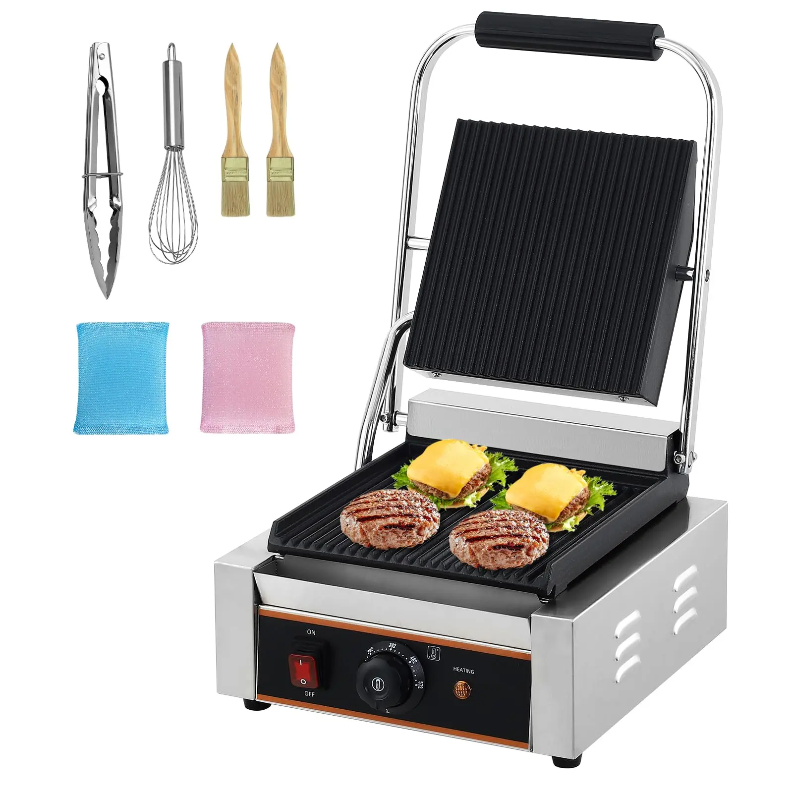 Garvee Commercial Panini Press Grill 1800W - Countertop Electric Sandwich Maker with 9"x9" Full Grooved Enamel Plate, Adjustable Temperature Control, Ideal for Burgers, Steaks, Panini, 120V