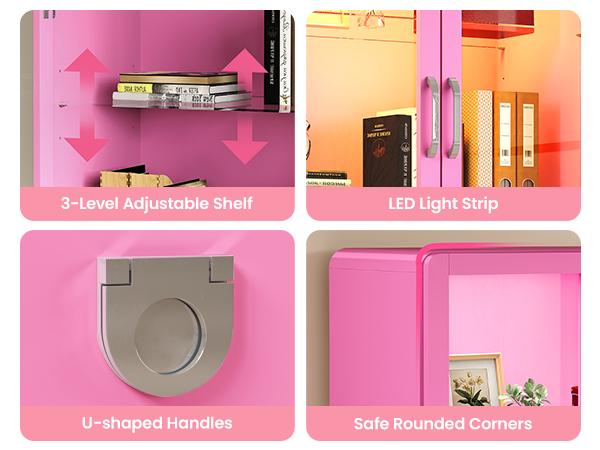 RoyalCraft Dopamine Display Cabinet with Acrylic Doors, Modern Storage Cabinet with LED Lights, Bookcase with Drawers & Adjustable Shelves, 3-Tier Curio Cabinet for Living Room, Home Office, DopamineDecor