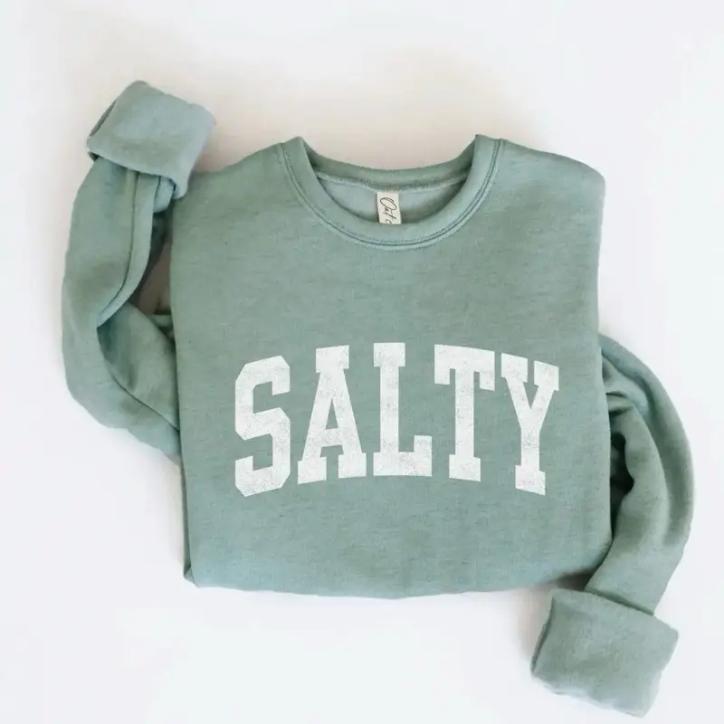 Salty Top - Long Sleeve Crew Neck Top with Letter Pattern, Casual Style for All Seasons