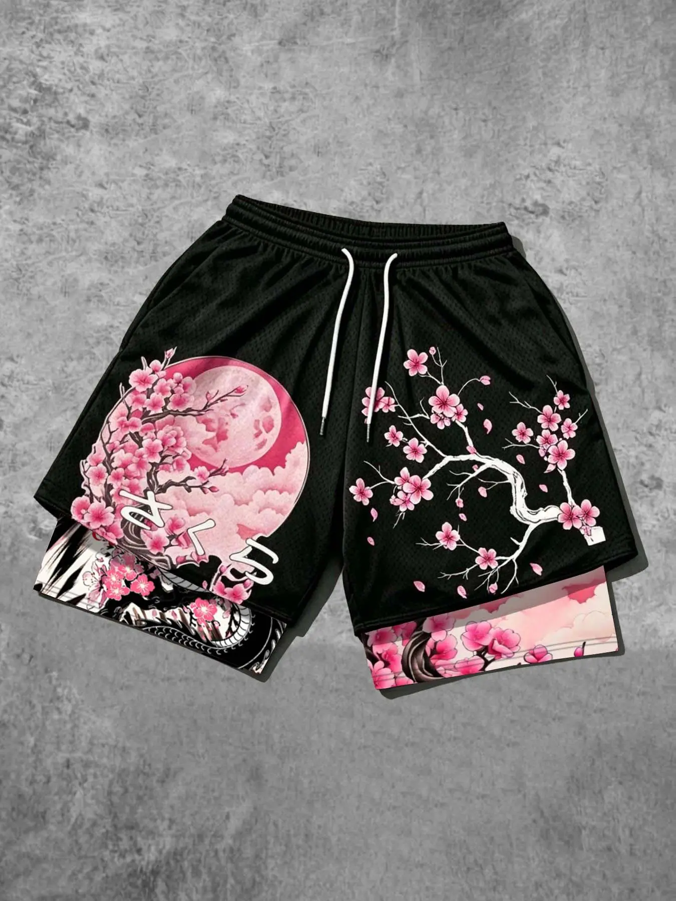 Japanese Cherry Blossom Print Mesh 2-in-1 Gym Shorts, Fitness Shorts, Casual Loose-Fitting Quick-Dry Graphic Shorts, Athleisure Shorts