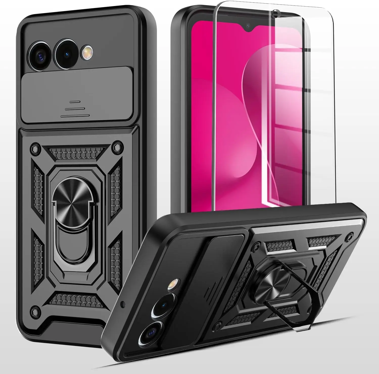T-Mobile Revvl 8 TMRV085G Case with Slide Camera Cover + Tempered Glass Screen Protector Protection Cover Shockproof Heavy Duty [Military-Grade] Rugged Phone Case with Kickstand (Black)