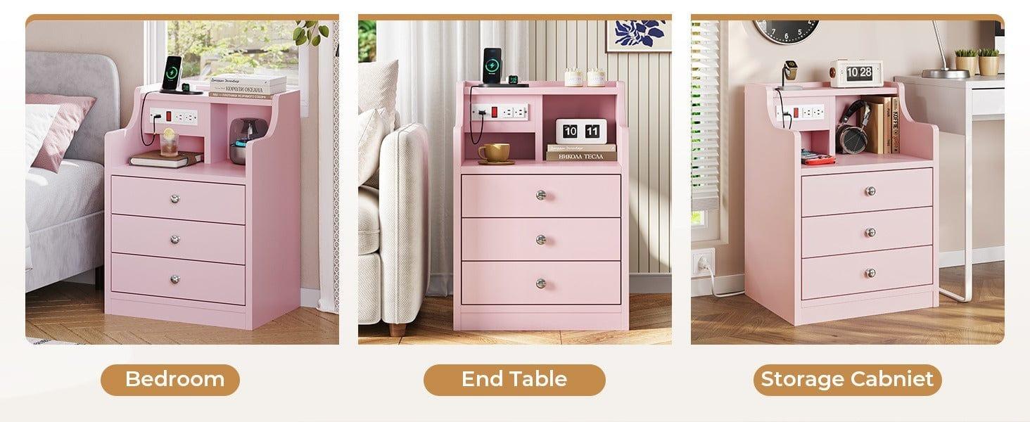 Sikaic Nightstand with 3 Drawers Charging Station Pink Sikaic Nightstand with 3 Drawers Charging Station Pink