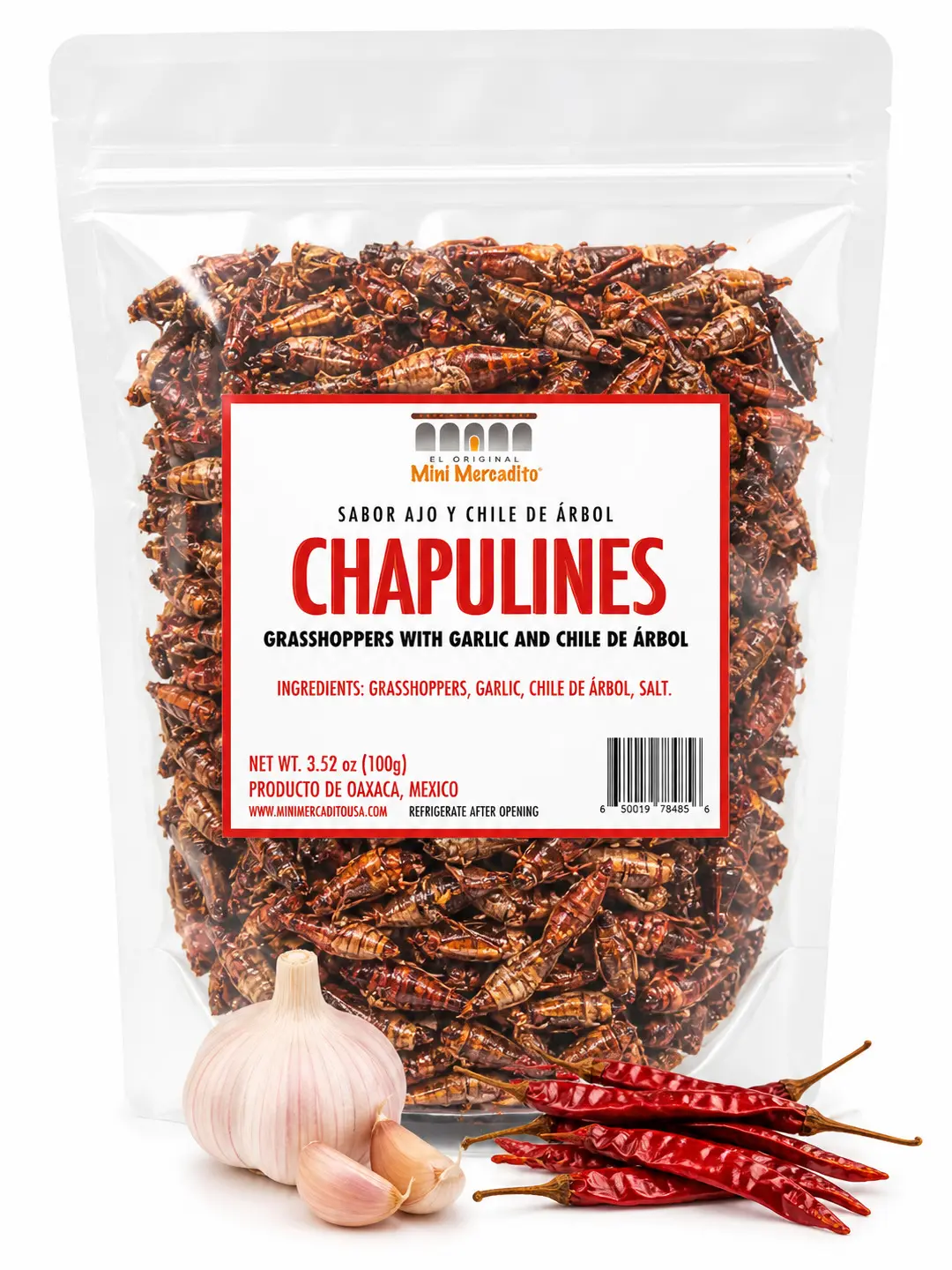 Chapulines Garlic & Chile de Arbol (Oaxaca, Mexico) | Spicy Crunchy Mexican Snack | High Protein Ready to Eat 3.5oz