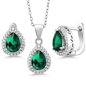 Blue Simulated Sapphire Green Nano Emerald or Red Created Ruby Pendant and Earrings Jewelry Set For Women | 925 Sterling Silver | Pear Shape 9X7MM | 6.50 Cttw | With 18 Inch Silver Chain
