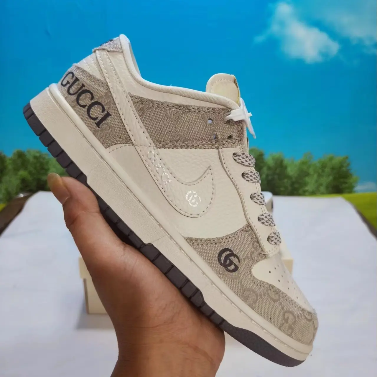 Streetwear casual kicks that instantly elevate every gentle muted neutral daily outfit, sweat-wicking perforated jacquard leather upper adopting off-white gray contrast layout with subtle monogram embossed letter details, built-in toe vent cutouts