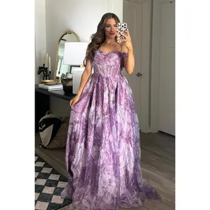 Garden Wedding Organza Off Shoulder Floral Maxi Dress: Dusty Lavender