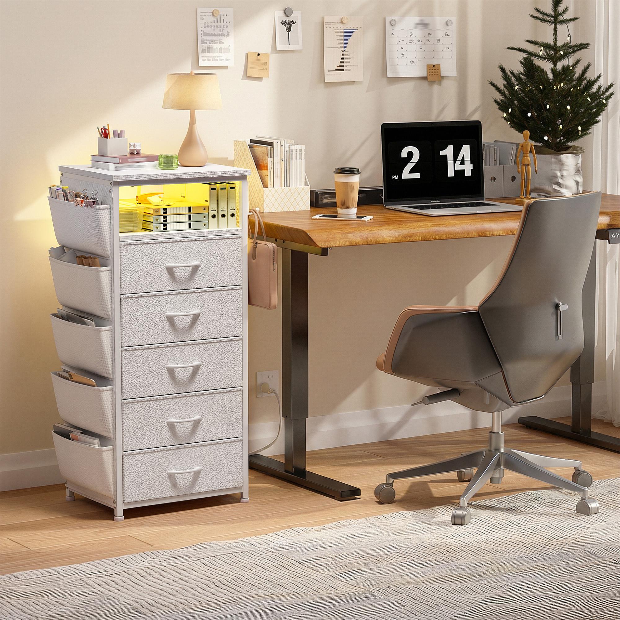 [with Free Gifts] Raybee LED Nightstand with Charging Station, Set of 1-2 Side Table with 5 Dresser Drawers, Tall LED Nightstands with USB Ports & Outlets, White End Table with Side Bag & Storage Shelf, Bedroom Furniture, Cabinet