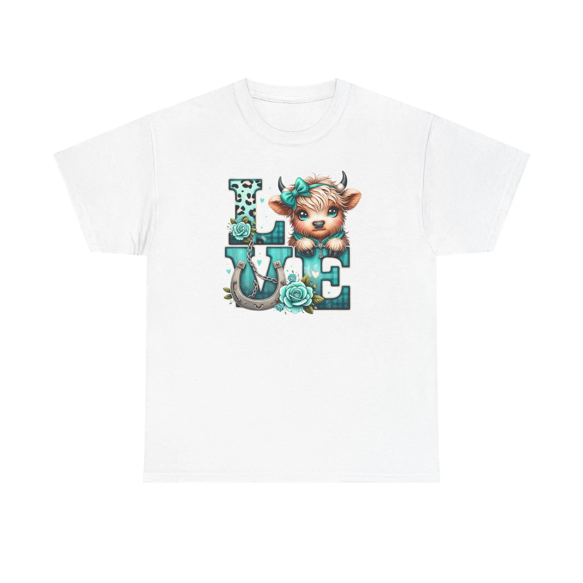 DTG Highland Love graphic tee Cow with floral accents, turquoise lettering