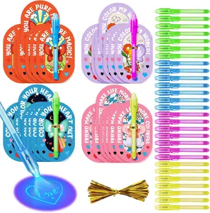 Valentine's Day Gifts for Kids 28 Pack Invisible Ink Spy Pens with 4 Designs Cards Fun Party Favors for School Classroom Exchange Safe Non Toxic Material