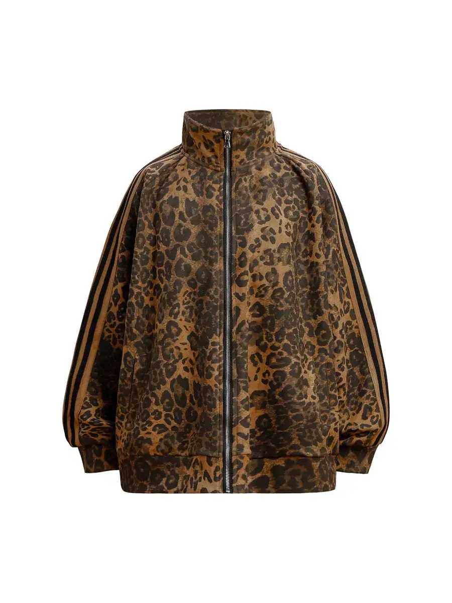 Supermade Men's Slim-Fitting Soft Deerskin Leopard Print Ribbon Design Ribbed Cuffs & Hem Zipper Jacket - Menswear Coat for Party, Casual Wear