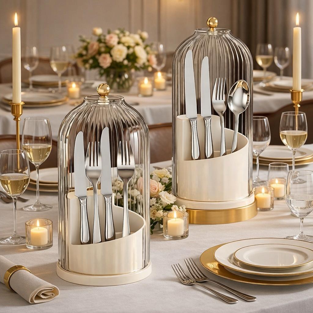 Utensil Holder with Lid 360 Rotating Clear Dustproof Cutlery Organizer for Kitchen Countertop Modern Tableware Storage Elegant Design