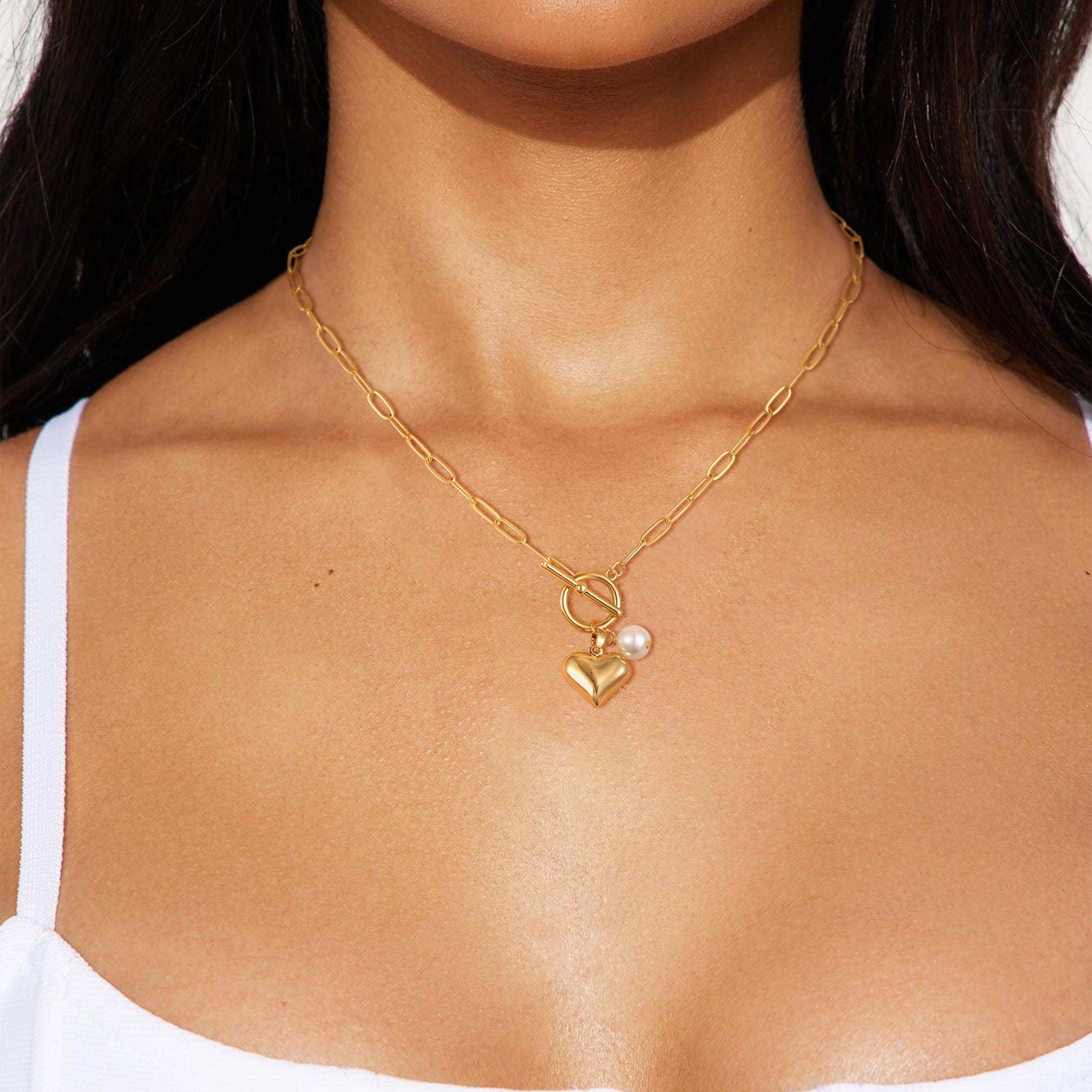 TEWIKY 14K Gold-Plated 5PCS Heart Pearl Necklace with Four Pairs of Earrings Set Elegant Design for Valentine's Day Gift Suitable for Various Occasions