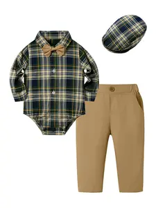 3pcs Boy Clothes Set Toddler Boy Gentleman's Suit Plaid Shirt Bowtie Beret Pant 3pcs Casual Cute Gift Set