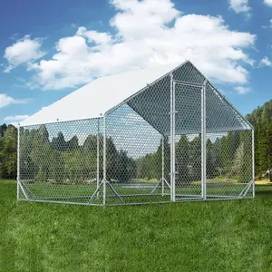 [summervibes] HOMBCK Large Metal Chicken Coop with Run Walk-in Poultry Cage, Spire Roofed Chicken Coops with Anti-Ultraviolet Cover for Outdoor Backyard Farm Use