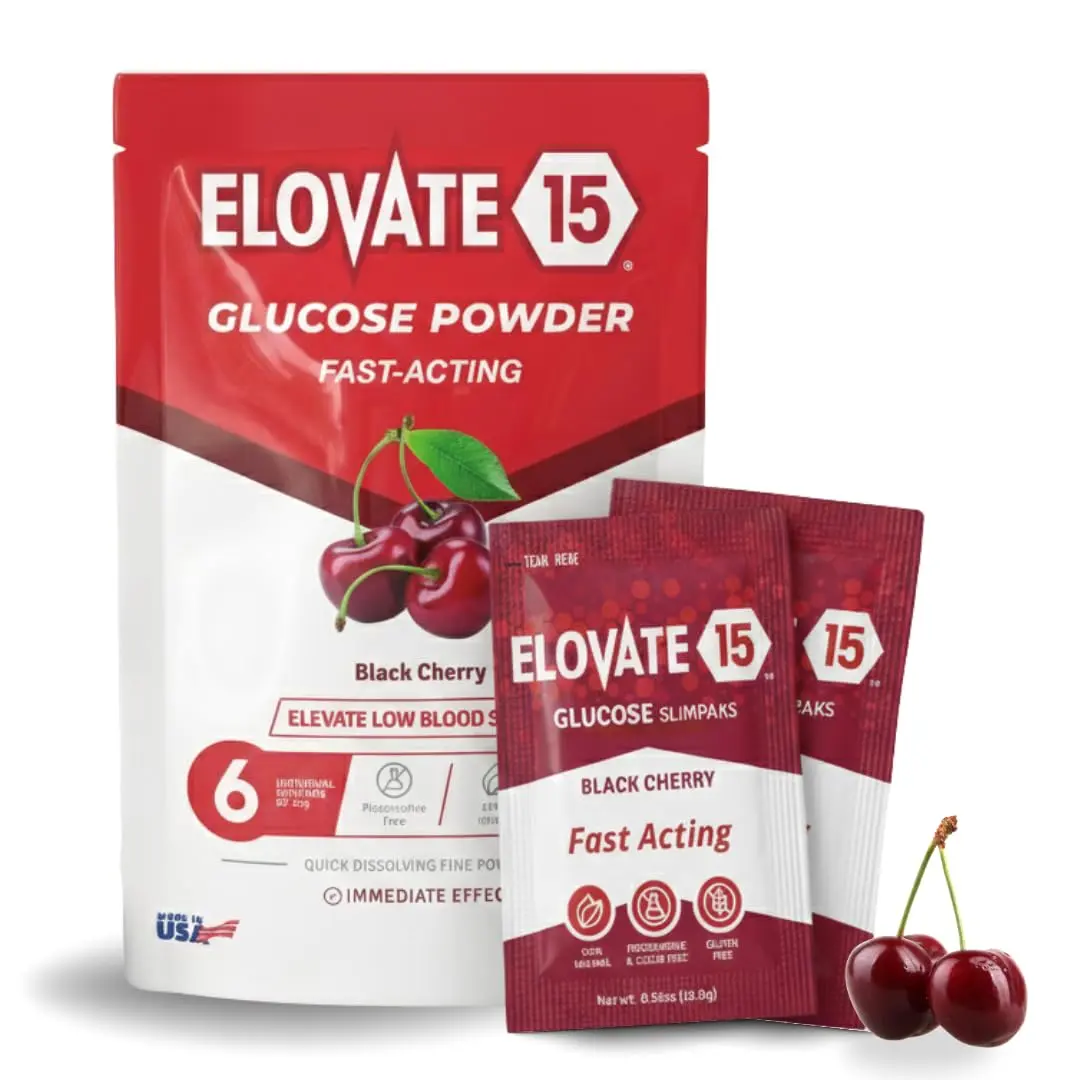 Fast Acting Glucose Powder Packets Black Cherry-0.56 Ounce (Pack of 12), Quick Dissolving, 15g Pure, Gluten-Free Glucose Packets | Oral Dextrose Powder for Kids & Adults | Easy-to-Carry Pocket Sized Slimpaks