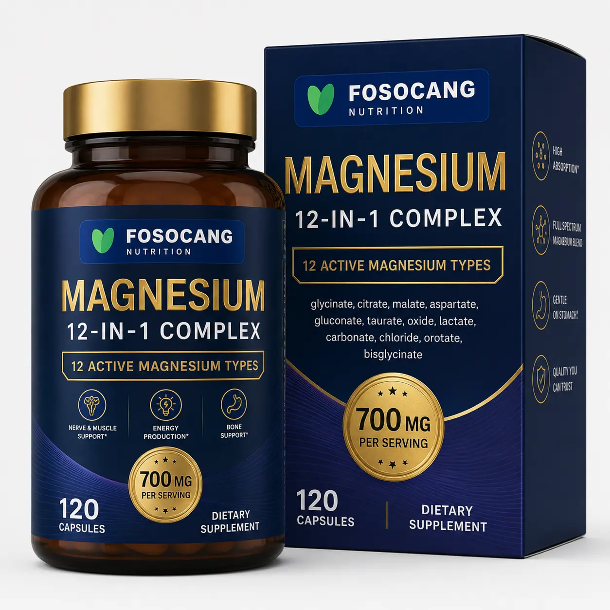 FOSOCANG Magnesium 12-in-1 Complex 700mg | 12 Active Types Glycinate Citrate Malate Taurate Orotate | High Absorption Nerve Muscle Bone Sleep Support | Vegan Gluten Free Non-GMO | 120 Capsules