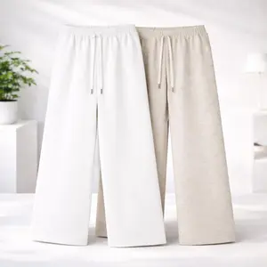 Women's Oversized Baggy Sweatpants – Wide Leg Drawstring Lounge Joggers – Streetwear Comfort Pants (White & Oat Grey) Womenswear Minimalist Bottoms