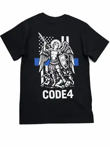 Code 4 St. Michael Archangel Thin Blue Line T-Shirt – Law Enforcement Support Tee, 180 GSM Combed Cotton, Unisex Fit