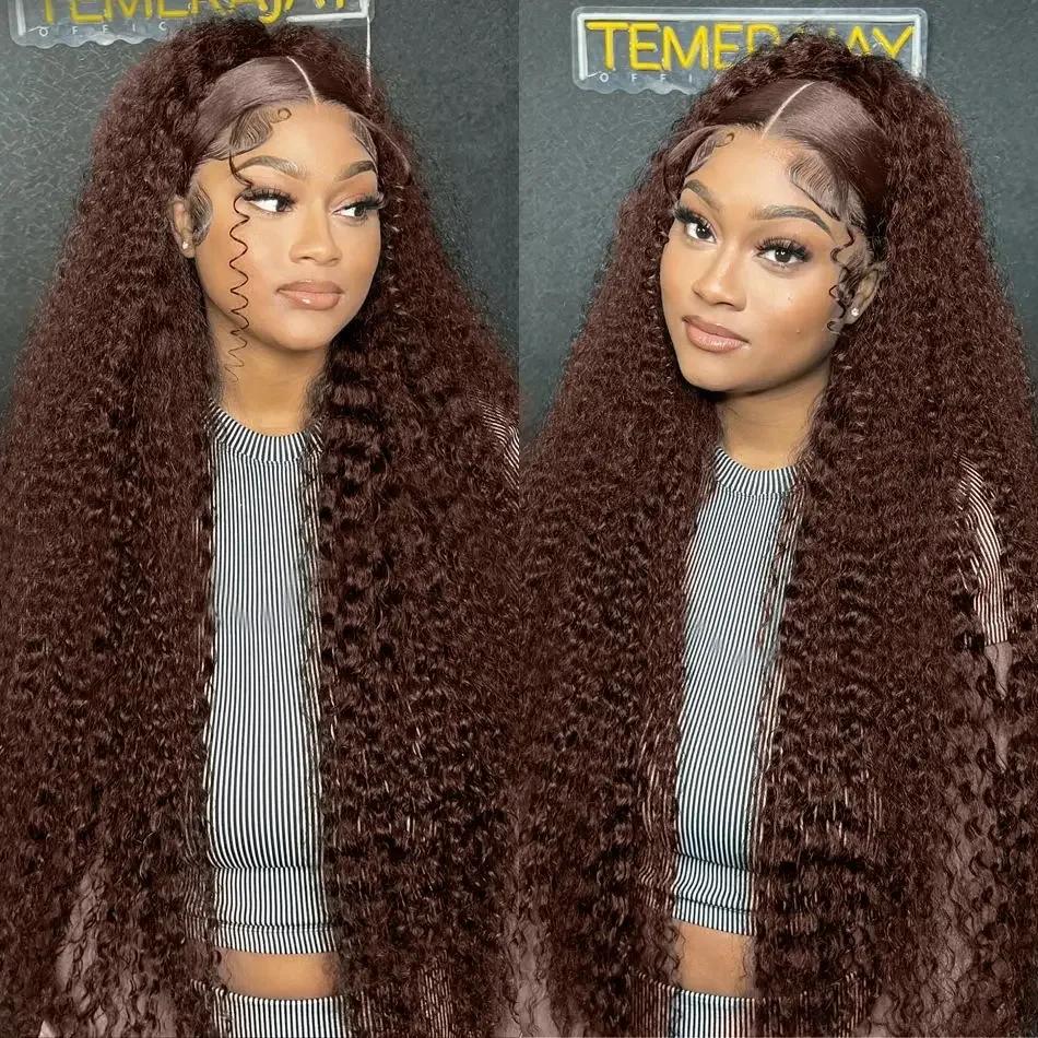 Bling Hair 180% Density Chocolate Brown Deep Wave Human Hair Wig Transparent 13x6 Lace Frontal Wigs For Women 13x4 Lace Front Water Curly Wigs