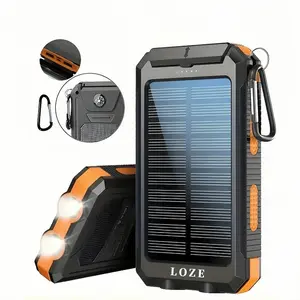 10000mAh portable solar power bank with flashlight and compass, dual USB outputs and one Type-C port, suitable for outdoor emergency use, camping, hiking.