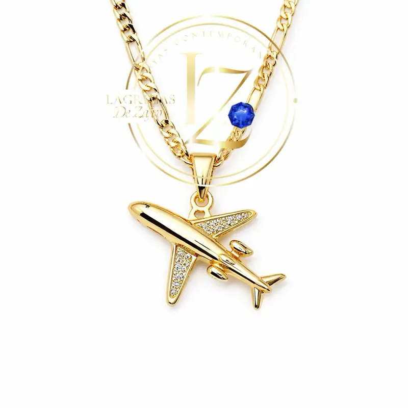 COD#2034  Airplane Pendant with Figaro Chain 3 mm Wide Aircraft Travel Lovers Necklace for Aviation Enthusiasts