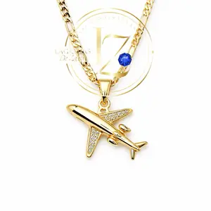 COD#2034  Airplane Pendant with Figaro Chain 3 mm Wide Aircraft Travel Lovers Necklace for Aviation Enthusiasts