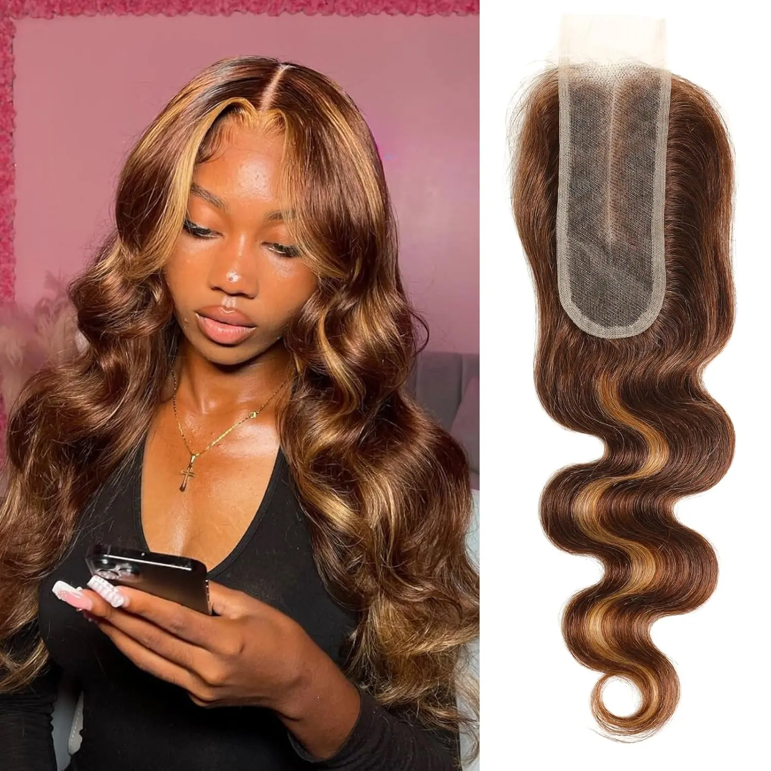 ALHER Long Deep Part 2x6 Closure Body Wave Honey Blonde Highlight Ombre Brown and Blond 4x4 Closure Wavy Free Part Balayage Ombre Colored Ear to Ear 13 x 4 HD Transparent Lace Frontal 12A #P4/27 Color Real Human Hair Pre Plucked With Baby Hair