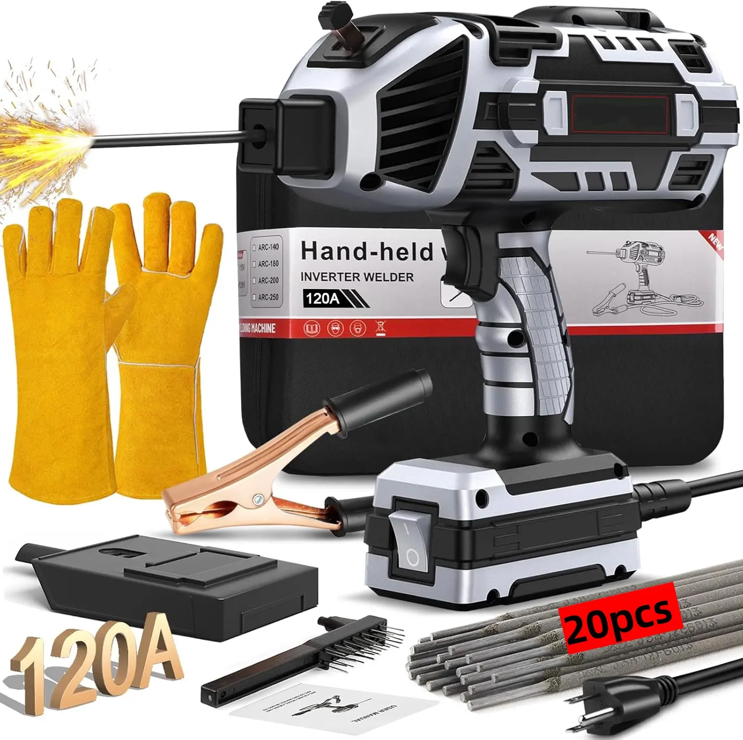 Portable Electric Welding Machine, 110V Handheld Welder with IGBT Inverter, 120A, 5-Speed Current Setting, Digital Display, Portable ARC Welder Gun for 1/16"-1/8" welding rods, With 20 Welding Rods, Welding Tool Kit，Perfect Gift for Repairs