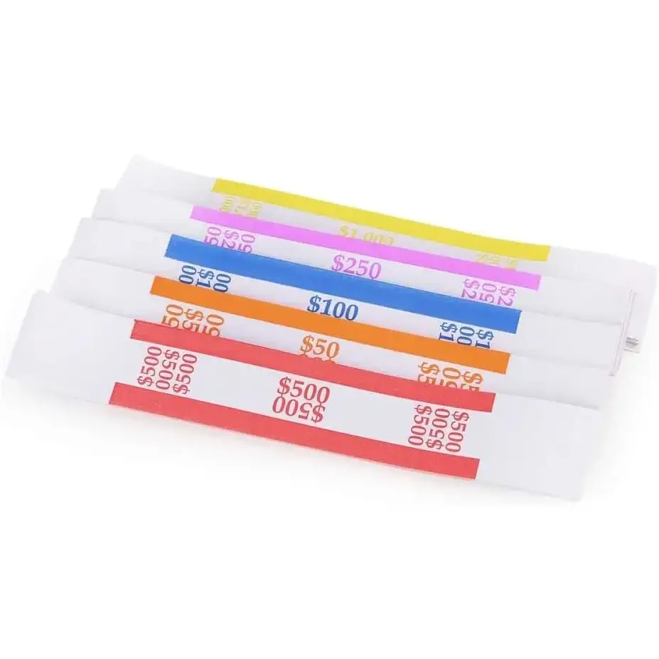 Self-Sealing Currency Straps - 250-Pack Assorted Money Bands (50 Each), 7.5" x 1.1" Portable Bill Wrappers for Printers & Office Counters to Keep Cash Bound, Companies
