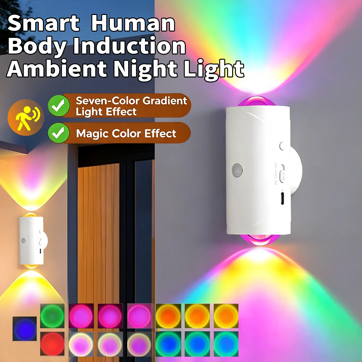 Smart Rechargeable LED Night Light with Motion Sensor – RGB Gradient Ambient Lighting, Dimmable Wall Lamp, Magnetic & Stick-On Design, USB Convenient Charging, Long-Lasting Battery, Perfect for Halloween Decor, Bedroom, Stairs, Hallway & Entryway