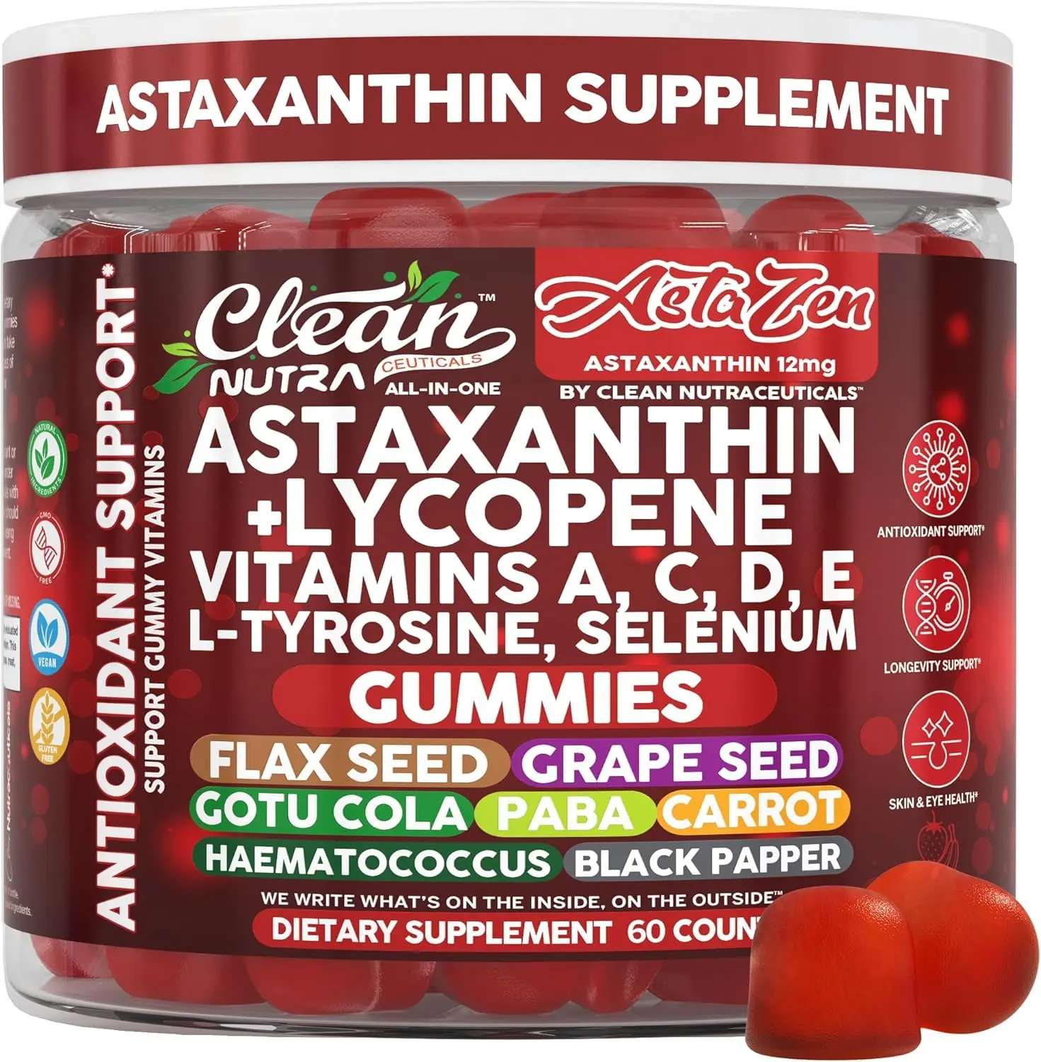 Clean Nutra Astaxanthin, Lycopene, Vitamins A, C, D, E, L-Tyrosine, Selenium, Beta Carotene & More for Antioxidant Support Gummies – Asta Zen