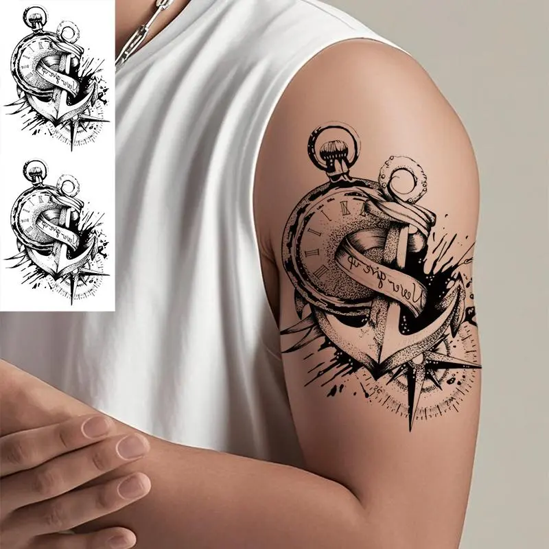 Anchor & Compass Design Aesthetic Temporary Tattoo Sticker, Waterproof Durable Long Lasting Fake Tattoo Sticker, Body Art Sticker for Men & Women, Body Fake Tattoos