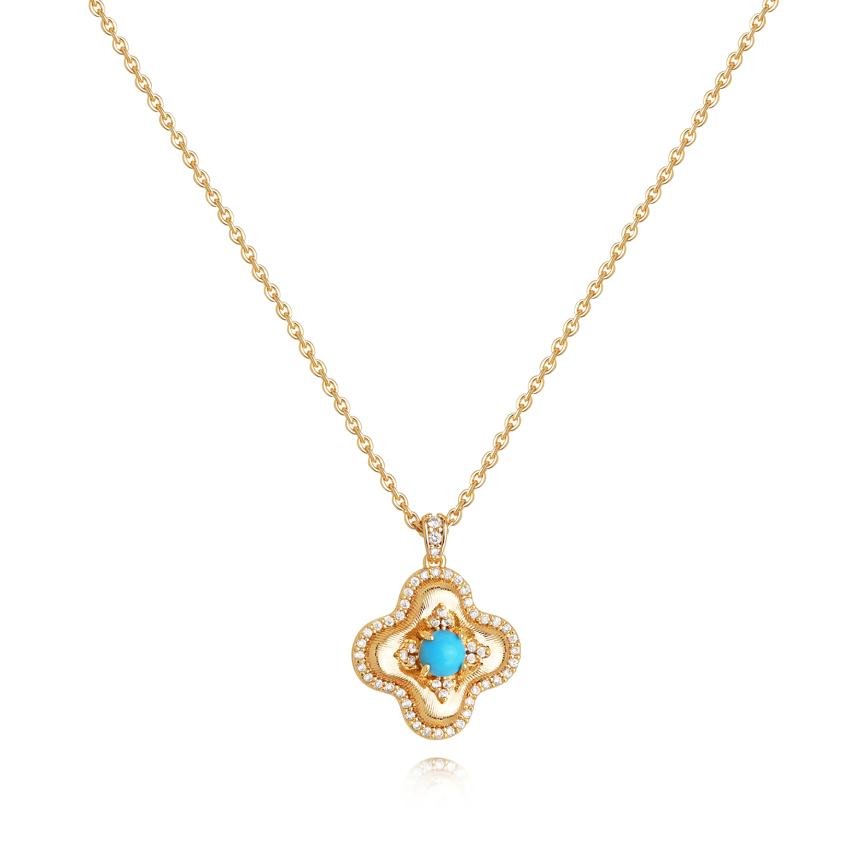 Fettero Gold-plated Clover Necklace with Turquoise Center & Cubic Zirconia Accents – Elegant Lucky Four-Leaf Pendant Jewelry for Women Style Sparkling