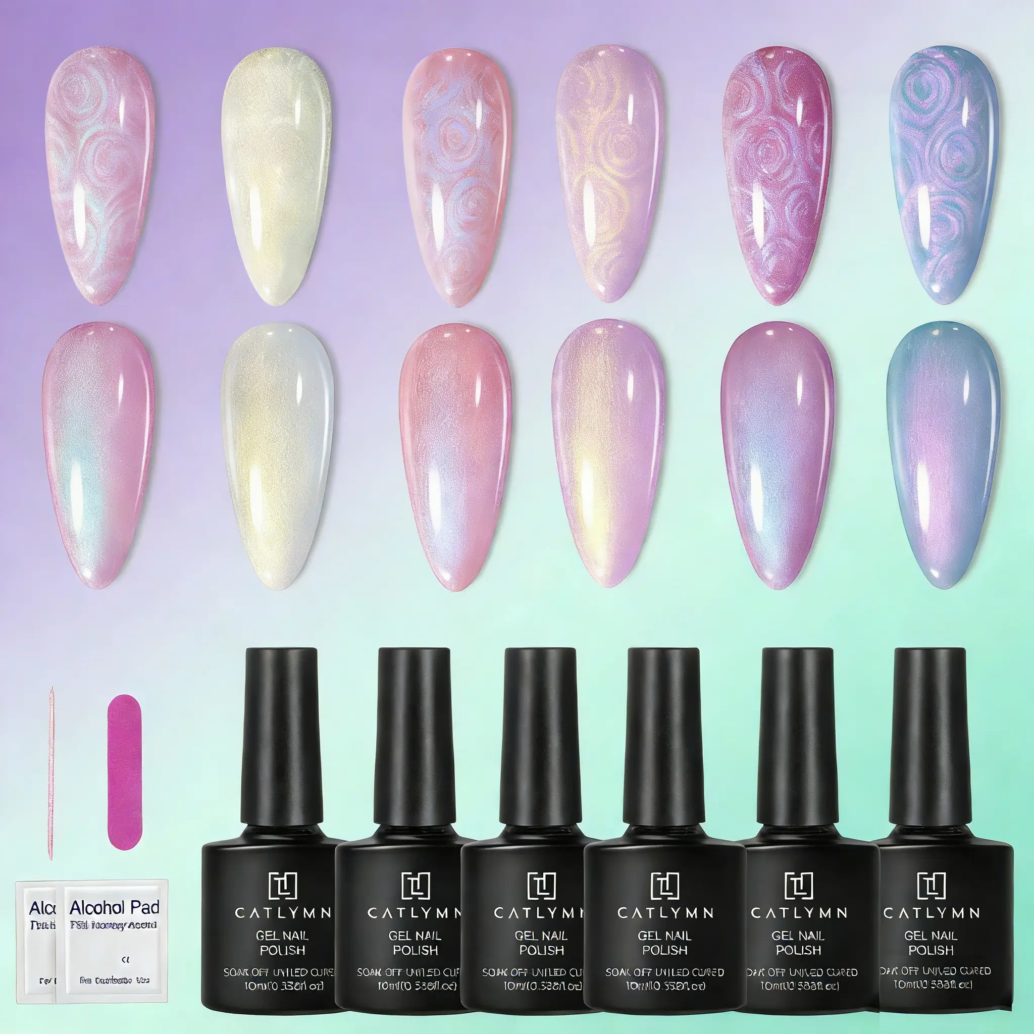 Pearl Gel Nail Polish Set, 6 pcs Mermaid Shimmer Swirl Shell Effect, Soak Off UV LED Gel with Tools, Long Lasting Salon Quality Nail Art Kit for Beginners & Enthusiasts Home DIY Manicure