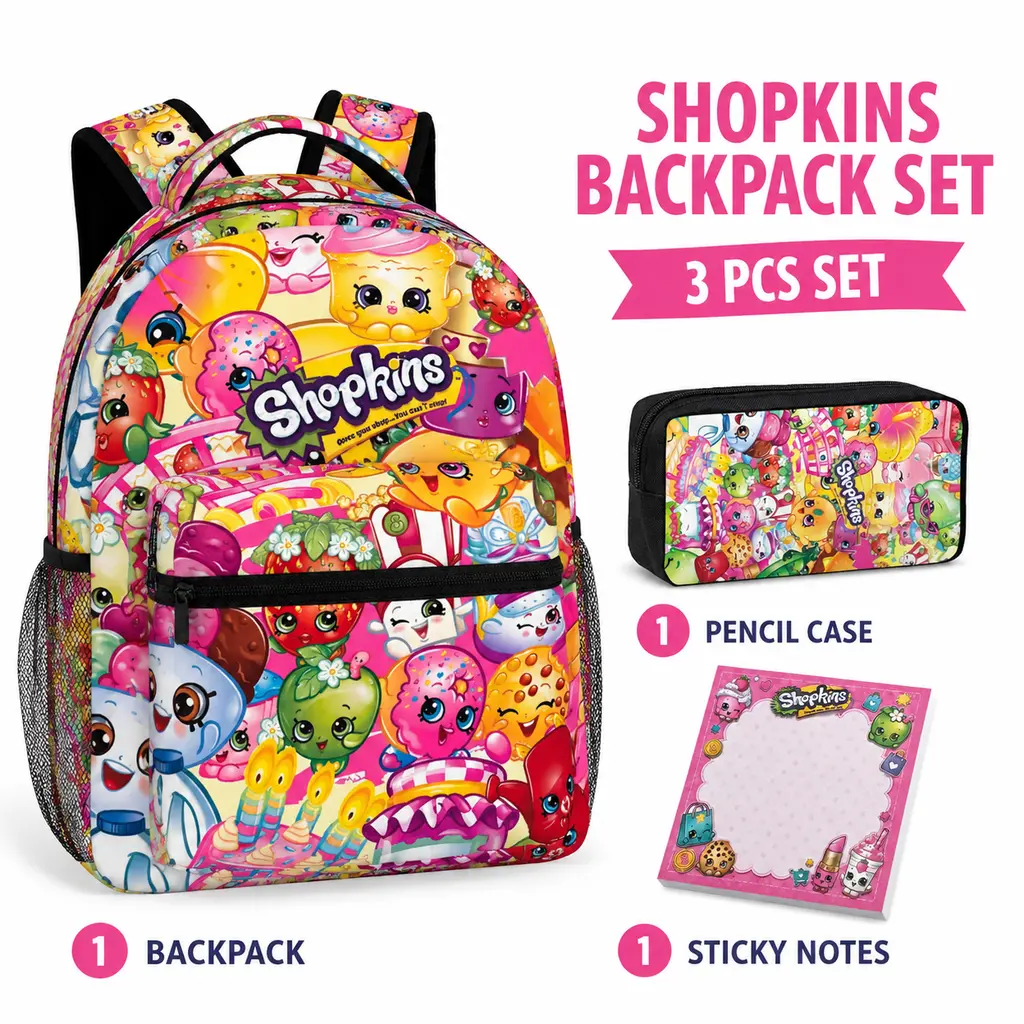 3Pcs Kids Shopkins School Backpack Sets for School Girls,Kawaii School BoobBag with 1 pecnil box and 1 sticky note,Cute Book Bag School Suppluies sets for Girls Elementary Middle School Teens