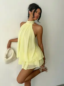 Women's Elegant Chiffon Halter Neck Tie Mini Dress - Solid Butter Yellow Summer Dresses for Wedding Guest, Evening Party, Date Night & Vacation