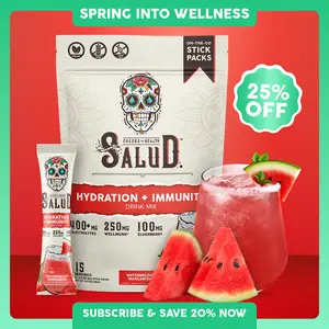 Salud 2-in-1 [Hydration & Immunity - Watermelon Margarita] Electrolytes Powder, Agua Fresca Drink Mix, Elderberry, Dairy & Soy Free, Non-GMO, Gluten Free, Vegan, Low Calorie, 1g Sugar (15 Servings), Spring Glow Up