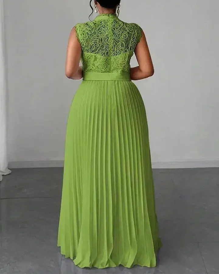 CHICME Women's Mock Neck Sleeveless high Waist Pleated Maxi Dress Elegant Lace & Braided Spliced Zipper Back Evening Dress with Belt